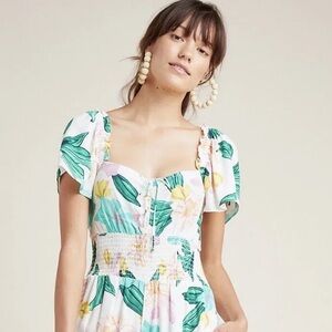 CLEOBELLA ANTHRO SHORT FLUTTER FLOUNCE SLEEVE SMOCKED WAIST Green print DRESS M